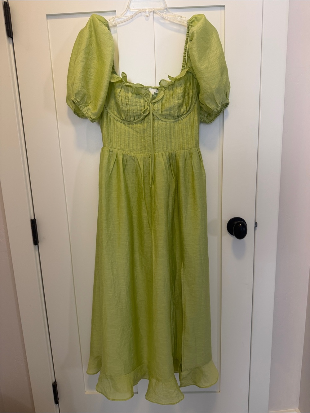 Lime Green Puff-Sleeve Midi Dress